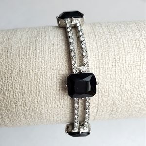 Monet Silver-tone Onyx & Rhinestone Stretch Bracelet